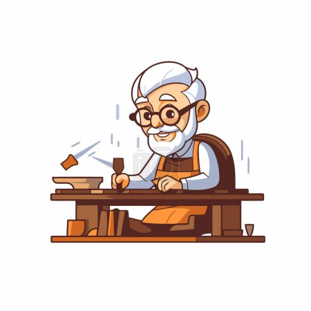 Grandfather sitting at the table and drinking coffee. Vector illustration.