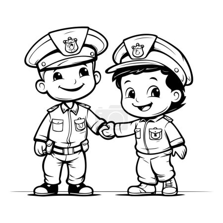 Téléchargez les illustrations : Illustration d'un policier garçon et fille tenant la main - Livre à colorier - en licence libre de droit