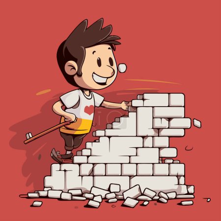 Téléchargez les illustrations : Cartoon boy construisant un mur de briques avec un marteau. Illustration vectorielle. - en licence libre de droit