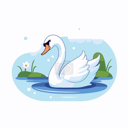 Ilustración de Cisne nadando en el lago. Ilustración vectorial en estilo plano. - Imagen libre de derechos