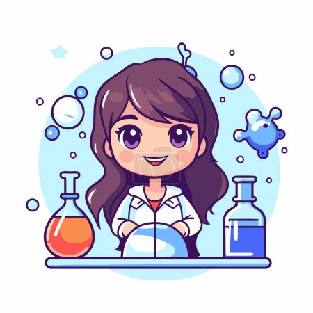 Illustration for Cute little girl scientist in laboratory. Vector illustration in cartoon style. - Royalty Free Image