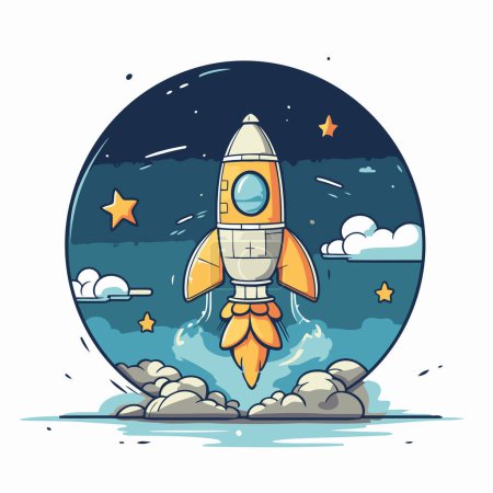 Illustration for Cartoon rocket on the background of the moon. Vector illustration. - Royalty Free Image