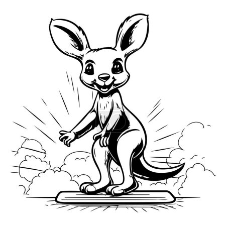 Ilustración de dibujos animados en blanco y negro de canguro saltando sobre una cinta de correr