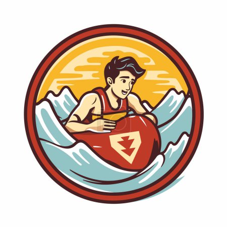 Illustration for Illustration of a man surfing on a surfboard holding a cup of coffee viewed from the side set inside circle on isolated background done in retro style. - Royalty Free Image