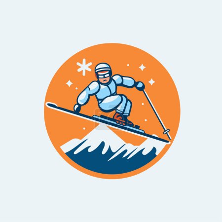 Téléchargez les illustrations : Logo de ski. Illustration vectorielle du skieur en montagne. - en licence libre de droit