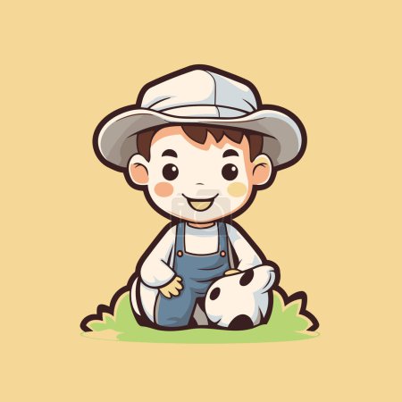 Illustration for Cute boy playing with a panda on the grass. Vector illustration. - Royalty Free Image