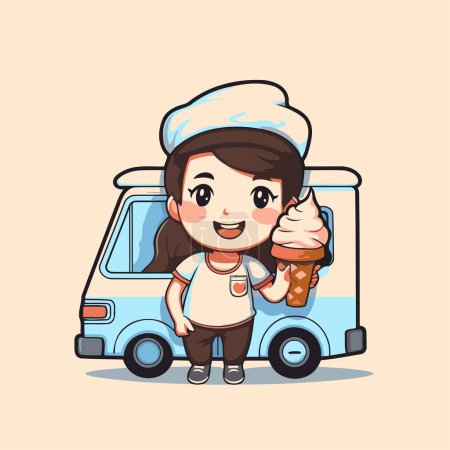 Téléchargez les illustrations : Jolie petite chef fille avec van de crème glacée. Illustration vectorielle. - en licence libre de droit