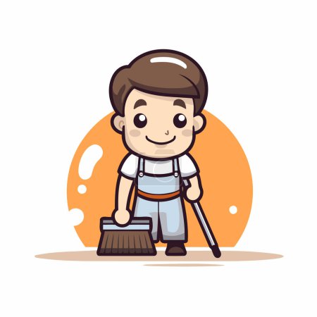Illustration for Cleaning Man with Mop and Broom Vector Illustration. - Royalty Free Image