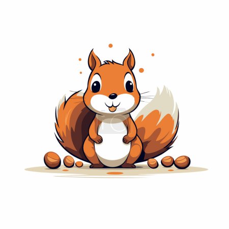 Téléchargez les illustrations : Joli écureuil assis sur le sol avec des noix. Illustration vectorielle. - en licence libre de droit