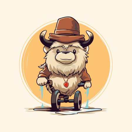 Illustration for Cartoon bull in a hat and a wheelchair. Vector illustration. - Royalty Free Image