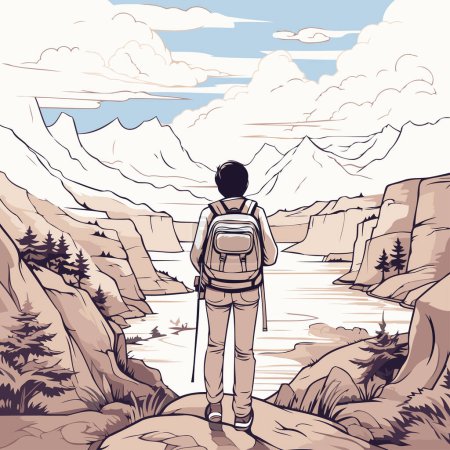 Illustration for Hiking man with a backpack on the background of mountains. Vector illustration - Royalty Free Image