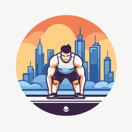 Illustration for Fat man doing push-ups on the background of the city. Vector illustration - Royalty Free Image