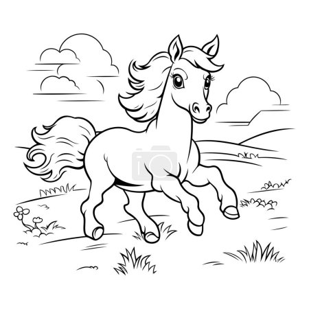 Téléchargez les illustrations : Illustration en noir et blanc de la course à cheval sur le terrain ou dans la prairie pour le livre à colorier - en licence libre de droit