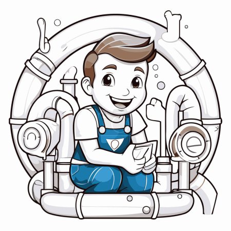 Illustration for Plumber with a phone in his hand. Vector illustration of a cartoon character. - Royalty Free Image