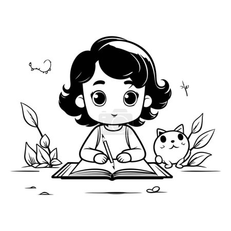 Téléchargez les illustrations : Jolie petite fille lisant un livre. Illustration vectorielle noir et blanc. - en licence libre de droit