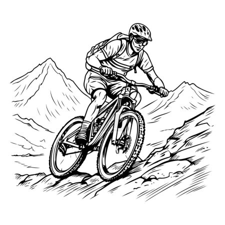 Illustration for Mountain biker in the mountains. Vector black and white illustration. - Royalty Free Image