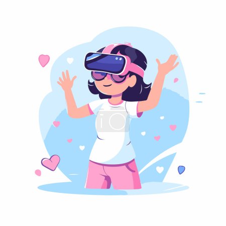 Illustration for Cute girl in virtual reality glasses. Vector flat cartoon illustration. - Royalty Free Image