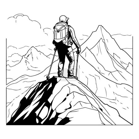 Ilustración de Caminante en la cima de la montaña. Ilustración vectorial en estilo de boceto. - Imagen libre de derechos