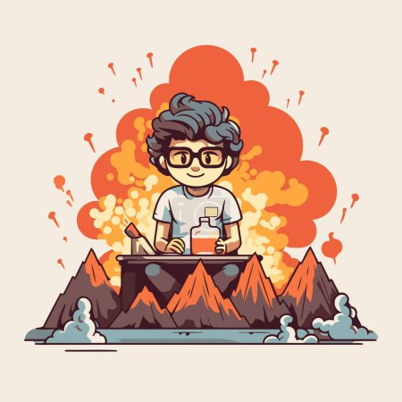 Téléchargez les illustrations : Illustration vectorielle d'un jeune homme à lunettes sur le fond du volcan. - en licence libre de droit