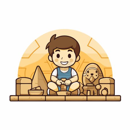 Téléchargez les illustrations : Mignon garçon dessin animé assis dans le sable avec des pyramides égyptiennes - en licence libre de droit