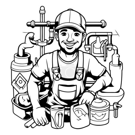 Illustration for Plumber with tools. Black and white vector illustration for coloring book. - Royalty Free Image