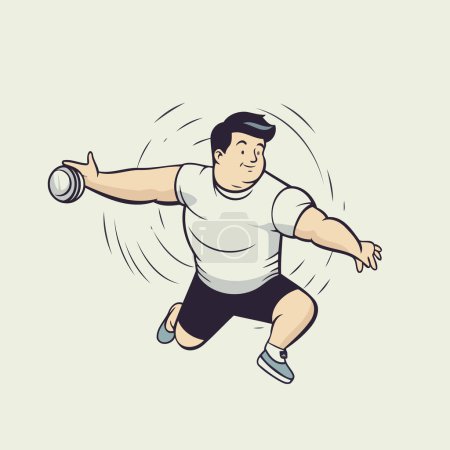Illustration for Fat man running with dumbbells. Vector illustration in cartoon style. - Royalty Free Image
