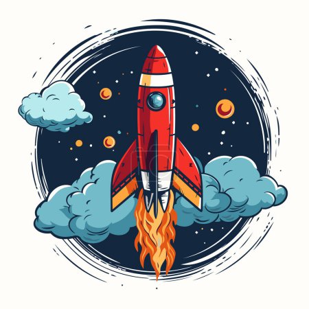 Illustration for Rocket on the background of the night sky with clouds. Vector illustration. - Royalty Free Image
