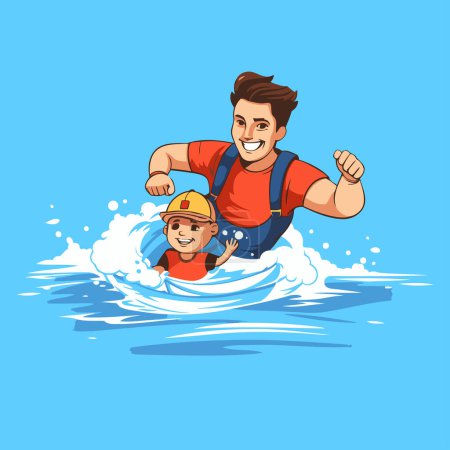 Illustration for Vector illustration of a man with a child on a surfboard. - Royalty Free Image