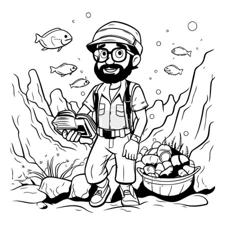 Illustration for Fisherman with a bucket of fish. Black and white vector illustration. - Royalty Free Image
