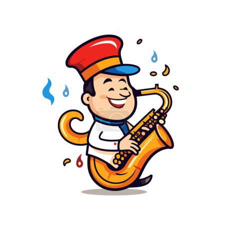 Téléchargez les illustrations : Illustration vectorielle d'un garçon de dessin animé jouant du saxophone. Isolé sur fond blanc. - en licence libre de droit