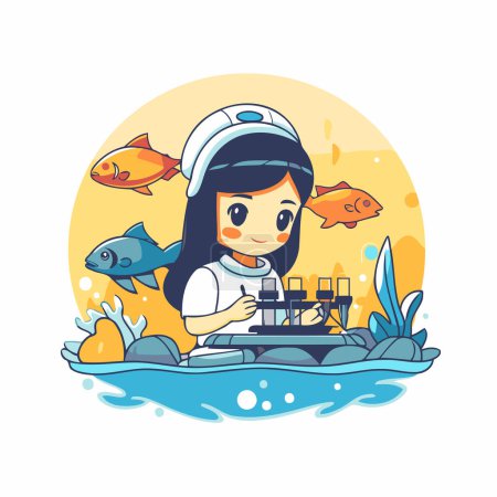 Illustration for Cute little girl with fish. Vector illustration in cartoon style. - Royalty Free Image