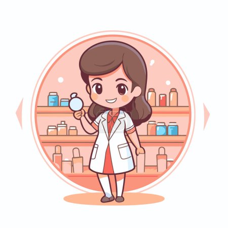 Ilustración de Linda chica de dibujos animados farmacéutico sosteniendo una lupa. Ilustración vectorial. - Imagen libre de derechos