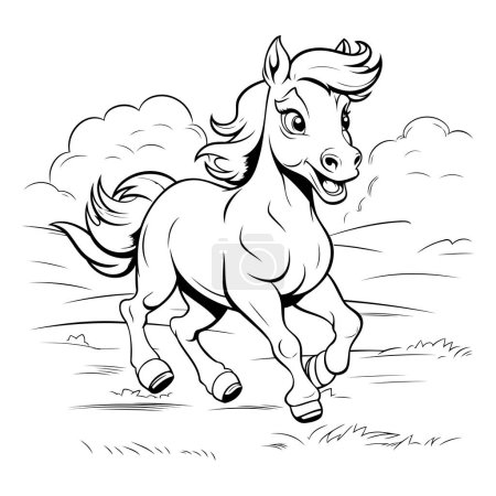 Illustration for Black and White Cartoon Illustration of Horse Running in the Field for Coloring Book - Royalty Free Image