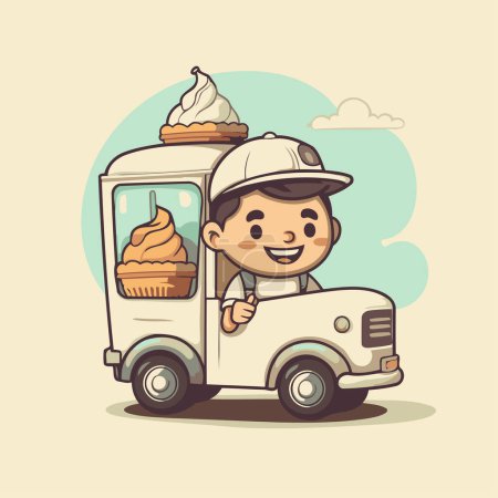 Téléchargez les illustrations : Illustration d'un mignon petit garçon chevauchant un camion de crème glacée - en licence libre de droit