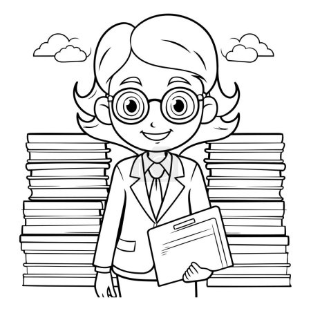 Illustration for Businesswoman cartoon with pile of books. Black and white illustration. - Royalty Free Image