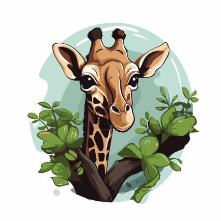 Ilustración de Cabeza de jirafa con hojas y ramas verdes. Ilustración vectorial. - Imagen libre de derechos