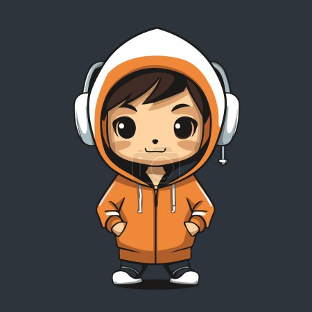 Téléchargez les illustrations : Joli petit garçon dans une veste d'hiver avec écouteurs. Illustration vectorielle. - en licence libre de droit