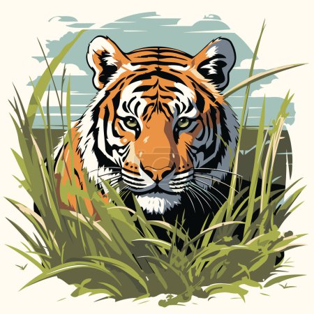 Téléchargez les illustrations : Tigre dans l'herbe. illustration vectorielle d'un animal sauvage. - en licence libre de droit