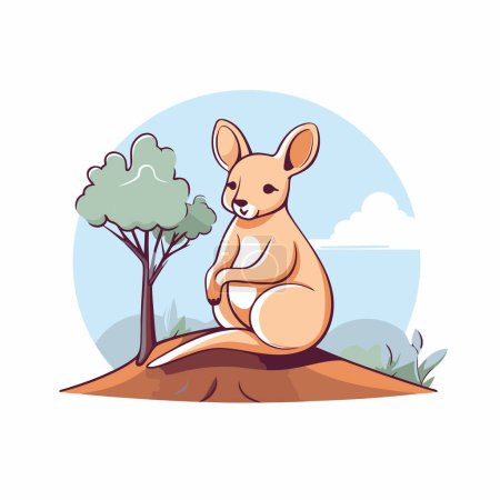 Téléchargez les illustrations : Kangourou assis sur la colline et regardant l'illustration vectorielle de l'arbre. - en licence libre de droit