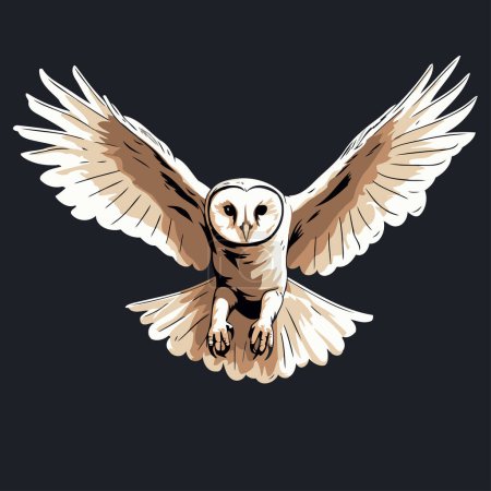 Ilustración de Ilustración vectorial de un búho con alas extendidas aisladas sobre fondo oscuro. - Imagen libre de derechos