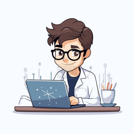 Ilustración de Ilustración vectorial de un joven con gafas y una bata de laboratorio trabajando en un portátil. - Imagen libre de derechos