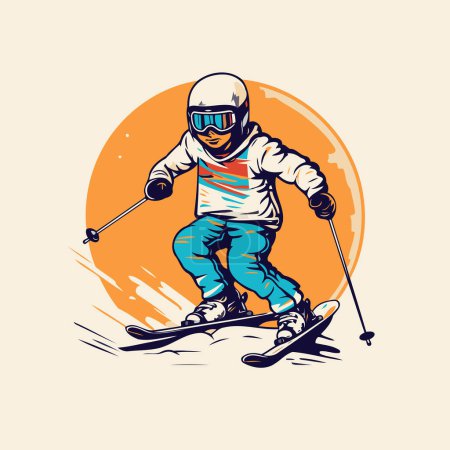 Téléchargez les illustrations : Skieur en casque et lunettes promenades sur les skis. illustration vectorielle - en licence libre de droit