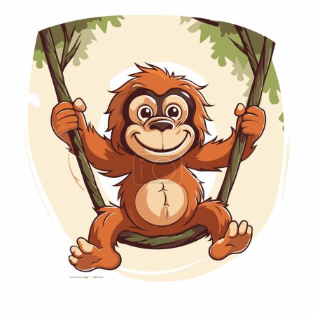 Vector illustration of a funny cartoon orangutan sitting on a swing
