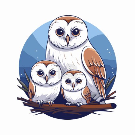 Illustration for Owl family on the branch. Vector illustration in cartoon style. - Royalty Free Image