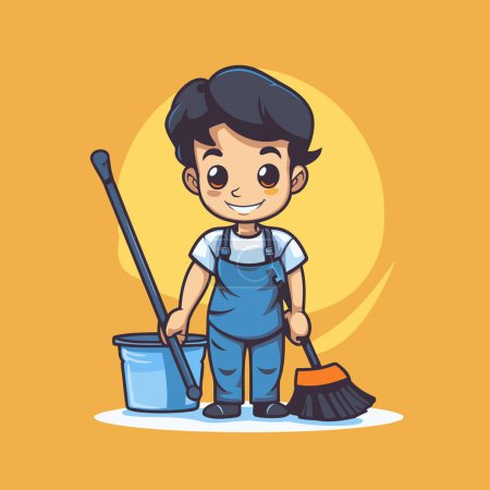Illustration for Cute boy cleaning the house. Cleaning service concept. Vector illustration - Royalty Free Image