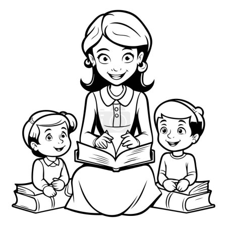 Illustration for Mother reading a book with her children. black and white vector illustration - Royalty Free Image