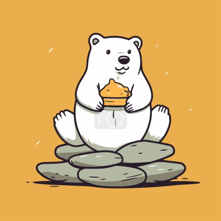 Illustration for Polar bear sitting on the rock and holding a burger. Vector illustration. - Royalty Free Image