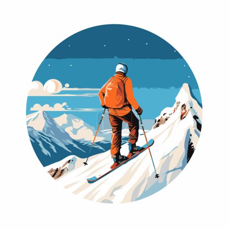 Illustration for Ski touring in the mountains. Vector illustration in retro style. - Royalty Free Image