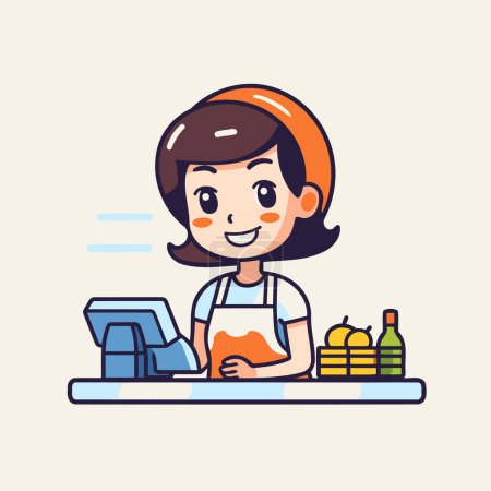 Illustration for Vector illustration of a cute cartoon girl cooking in the kitchen at home - Royalty Free Image
