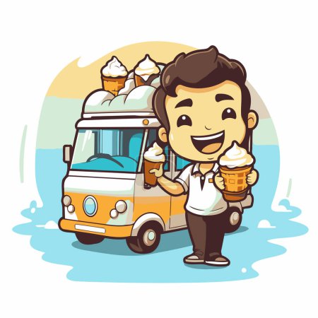 Man with ice cream truck and ice cream cone. Vector illustration.